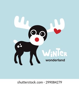 Winter wonderland moose cute little reindeer Christmas greeting card illustration template design in vector