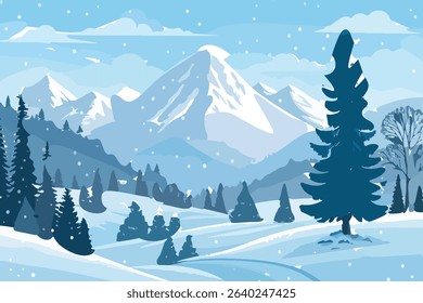 Winter Wonderland Mountain Landscape with Snowfall and Pine Trees – Vector Illustration