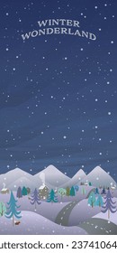 Winter wonderland at night and have snowfall vertical vector illustration. Merry Christmas and Happy New Year greeting card template have blank space.