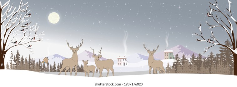 Winter wonderland at night, Vector Panorama winter landscape with snow, reindeers family walking in forest pine tree, Christmas scene for Holiday and Happy new year 2022 background in pastel tone