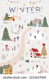 Winter wonderland on Chirstmas eve with people celebration in city park.Vector illustration Winter night scene Cute cartoon for greeting card  or banner for Christmas or New Year