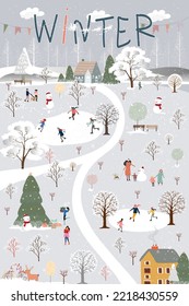 Winter wonderland on Chirstmas eve with people celebration in city park at night.Vector illustration Winte scene Cute cartoon for greeting card  or banner for Christmas or New Year