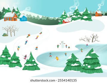 Winter Wonderland: Outdoor Ice Skating and Skiing Scene in a Snowy Landscape, vecotor illustration