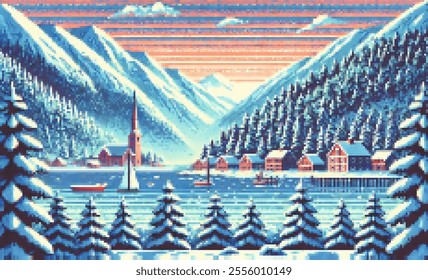 A winter wonderland! A pixel art game scene featuring a serene Swiss village landscape is a perfect blend of nostalgic charm and digital artistry. Imagine a peaceful village nestled between snow-cappe