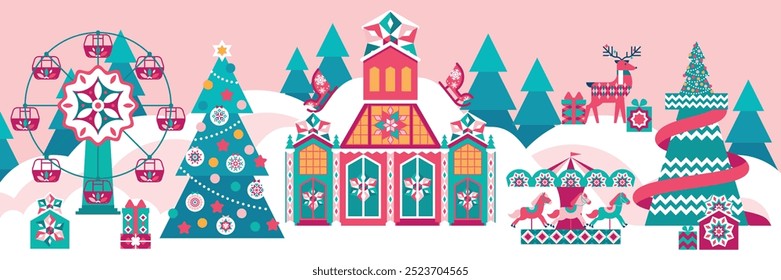 Fondo juguetón del país de las maravillas del invierno con parque de atracciones infantil. Palacio de cuento de hadas, árbol de Navidad decorado, noria, carrusel con caballos, torre de deslizamiento, toboganes de nieve, ciervos, paisaje nevado