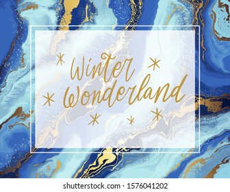 Winter wonderland quote. Modern Gold, white and blue Christmas background. Good for design covers, presentation, invitation, flyer, poster, business card and social media.