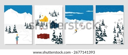 Winter wonderland scenes poster vector set. Christmas and Happy New Year season with mountain, ice skating, house, people. Background design for invitation, card, social post, cover, sale banner, ads.