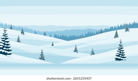 Winter wonderland scenic vista with snow covered hills and pine trees