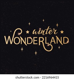 Winter wonderland vector hand lettering. Golden letters with stars on the textured gold dust black background. Typography for winter holidays. Vector illustration, style calligraphy. Wintertime. Card