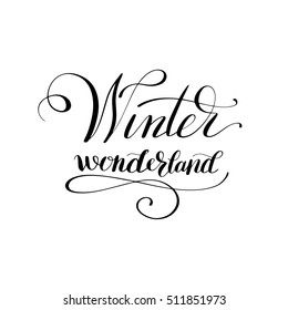 winter wonderlend black and white handwritten lettering inscription holiday phrase, typography banner with brush script, calligraphy vector illustration