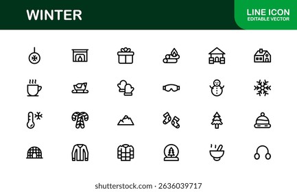Winter Wonders Icons. Elegant Line Art for Cold Weather Concepts, Snowflakes, Activities, and Holiday Graphics. Enhance your visuals.