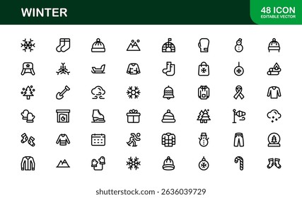 Winter Wonders Icons. Elegant Line Art for Cold Weather Concepts, Snowflakes, Activities, and Holiday Graphics. Enhance your visuals.