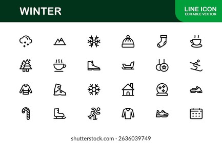 Winter Wonders Icons. Elegant Line Art for Cold Weather Concepts, Snowflakes, Activities, and Holiday Graphics. Enhance your visuals.