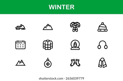 Winter Wonders Icons. Elegant Line Art for Cold Weather Concepts, Snowflakes, Activities, and Holiday Graphics. Enhance your visuals.