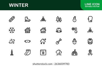 Winter Wonders Icons. Elegant Line Art for Cold Weather Concepts, Snowflakes, Activities, and Holiday Graphics. Enhance your visuals.