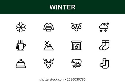 Winter Wonders Icons. Elegant Line Art for Cold Weather Concepts, Snowflakes, Activities, and Holiday Graphics. Enhance your visuals.