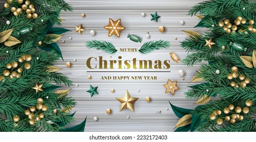 Winter wood border, tree postcard. Noel pine decoration, green holiday fir, happy ornament. Banner template, web greeting card. Golden berries on fir. Vector illustration exact background