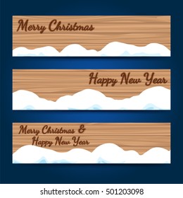 Winter wood horizontal banners template with snow. New year and Christmas greetings banners vector illustration