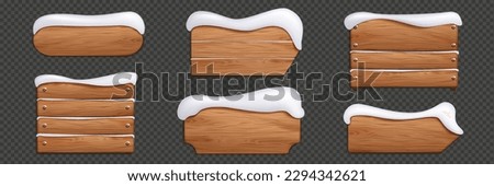 Winter wood sign board with snow vector banner. Christmas wooden signboard banner for title text and direction in game. Holiday covered snowy label. Notice plank decoration with realistic texture