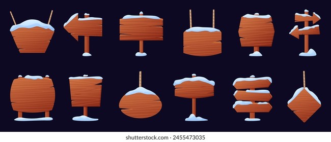 Winter wooden banners. Wood snowy singboards with snow caps and icicles. Cartoon direction signs, empty billboards. Christmas nowaday vector elements