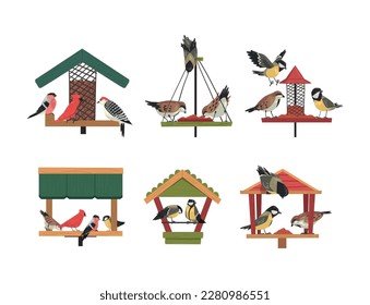 Winter Wooden Bird Feeder with Aves Picking Grain and Seeds Vector Set