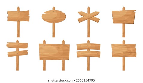 Winter  wooden sign boards. Frames and banners on poles. Arrow, round and rectangular billboards. Road signages. Vector