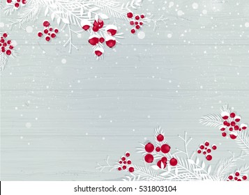 Winter wooden snowy background with white branches and berries - blue woodboard. Christmas wooden background with snow fir tree and copy space. Vector flat illustration