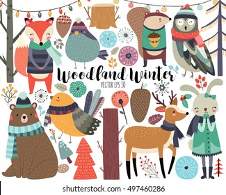 Winter Woodland Animals Cute Forest Animals And Design Elements