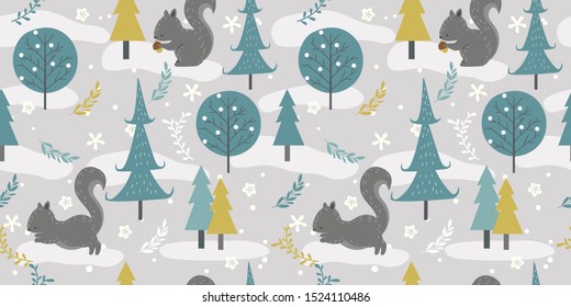 winter woodland illustration in seamless pattern