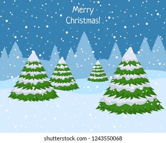 Winter woodland landscape with spruce fir trees and snowflakes, flat vector illustration