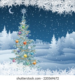 Winter woodland night landscape with decorated holiday Christmas tree and snowflakes. Eps10, contains transparencies. Vector