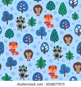 Patrón invernal de bosques adorables raccoon de animales, zorro, erizo. Patrón de abetos de árboles de Navidad. Diseño divertido y extravagante para envolver papel, tapicería, estampado textil infantil, etc.