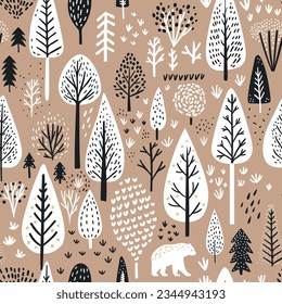 Winter woodland pattern, seamless christmas forest background on kraft paper. Handicraft gift wrapping paper, organic natural scandinavian holidays background.