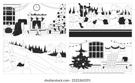 Winter woods cozy home black and white line illustrations set. Fireplace Christmas tree gifts garlands 2D landscapes, interiors monochrome backgrounds. Xmas time outline vector images collection