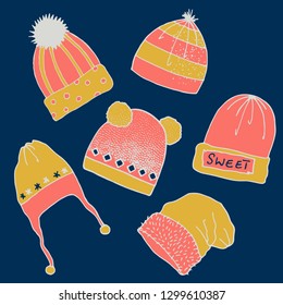 Winter woolen Beanies Vector Isolated Elements Set