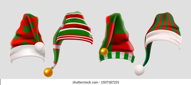 Winter Woolen Elves Hat Christmas Set. Xmas Green And Red Fur Cap Photo Booth Props For Kids. Santa Claus Hat. Winter Clothes. Christmas 3d Realistic Vector Icon Set