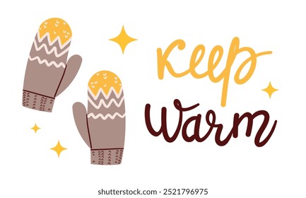 Winter woolen mittens ,vector illustration on white background lettering flat design for different autumn and winter design uses .