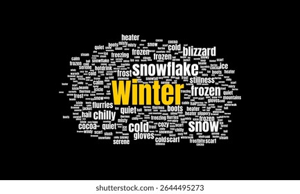 Nuvem de palavras de inverno com neve e tempo frio vocabulário. Adequado para o tema de fim de ano de dezembro sazonal ou de ano novo.