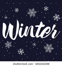 Palabra de invierno sobre un fondo oscuro con estrellas y copos de nieve. Ilustración vectorial de texto con letras manuales en invierno. Ilustración aislada del vector: caligrafía de pincel, letras a mano. Tipografía inspiradora