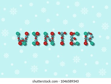 Winter. Word. The phrase is lined with buttons. Vector illustration