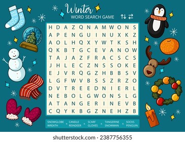 Winter word search puzzle game with cute cartoon drawings worksheet. Printable family activity for holiday Christmas season. Educational game for children and adults, learning English vocabulary