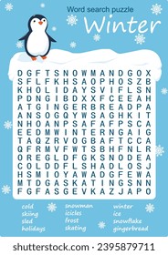 Winter word search puzzle. Game for learning English. Printable worksheet for children about winter holidays. Educational crossword game.  Vector illustration. A4 printable