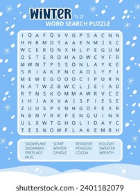 Winter word search puzzle game on a snowy background worksheet. Printable family activity for holiday winter season. Educational game for children and adults, learning English vocabulary