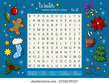 Winter word search puzzle game with cute cartoon drawings worksheet. Printable family activity for holiday Christmas season. Educational game for children and adults, learning English vocabulary