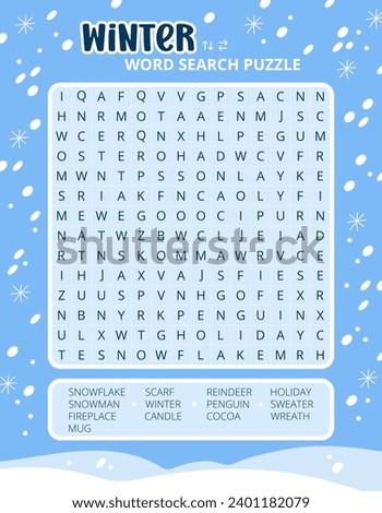 Winter word search puzzle game on a snowy background worksheet. Printable family activity for holiday winter season. Educational game for children and adults, learning English vocabulary