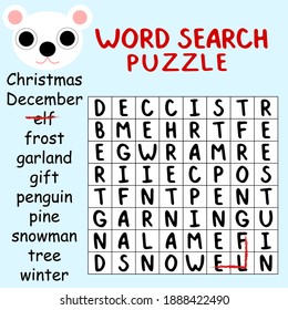 Winter word search puzzle for kids stock vector illustration. Help the polar bear to find and mark all hidden words. Amusing colorful square children activity page printable worksheet. One of a series