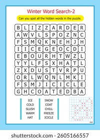 Winter word search puzzle for kids to have fun and enjoy searching for words