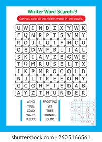 Winter word search puzzle for kids to have fun and enjoy searching for words