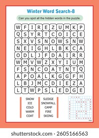 Winter word search puzzle for kids to have fun and enjoy searching for words