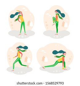 Winter Workout. Exercises and warm up. Big set of girls making different exercises at winter season dressed in warm clothes. Flat cartoon vector illustration